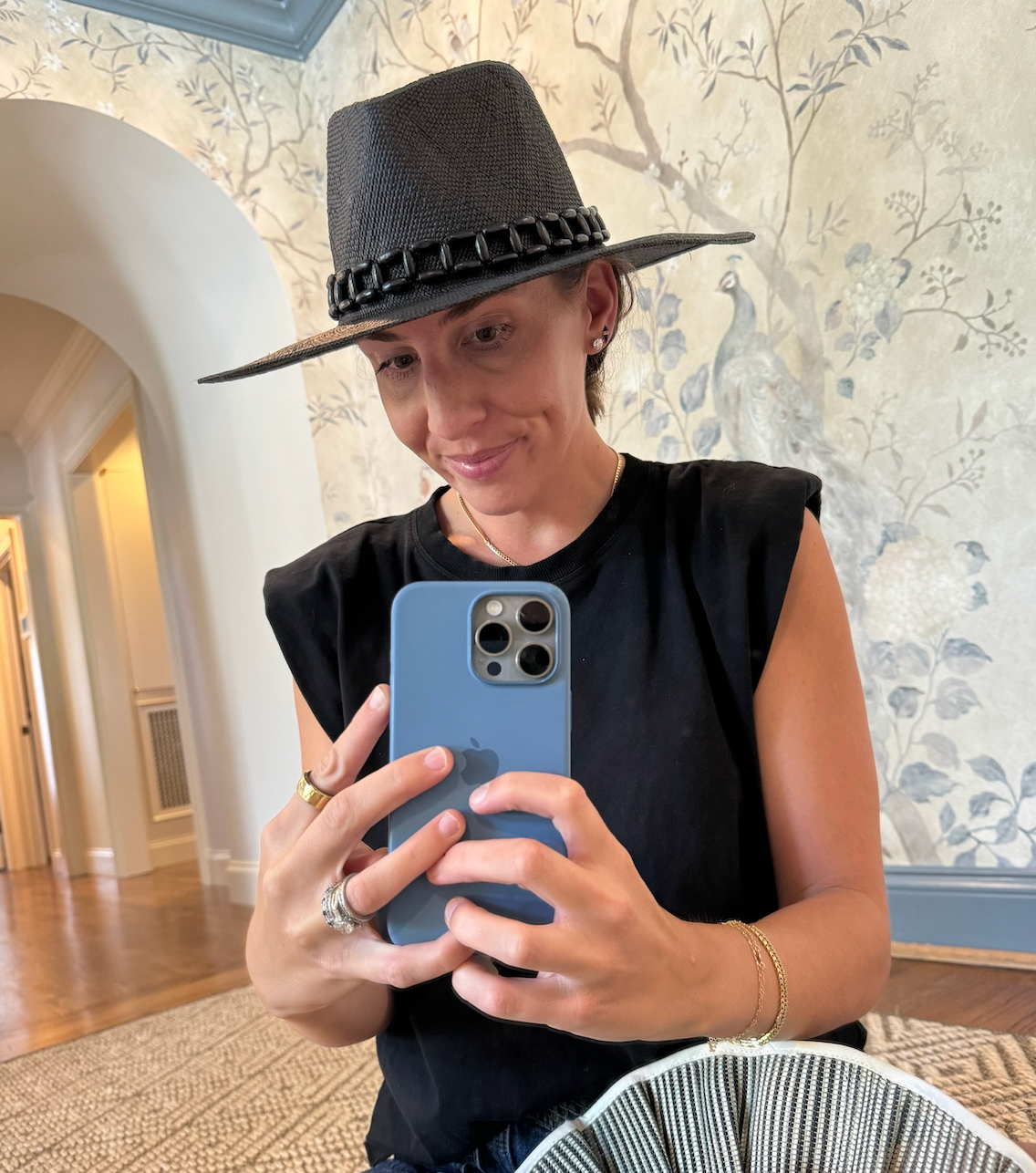 BLACK Straw Hat with Black Bead Accessory