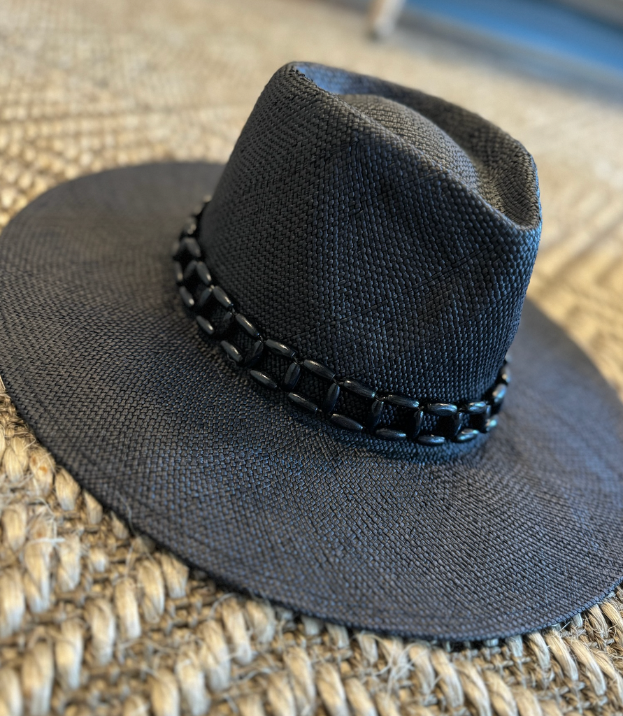 BLACK Straw Hat with Black Bead Accessory