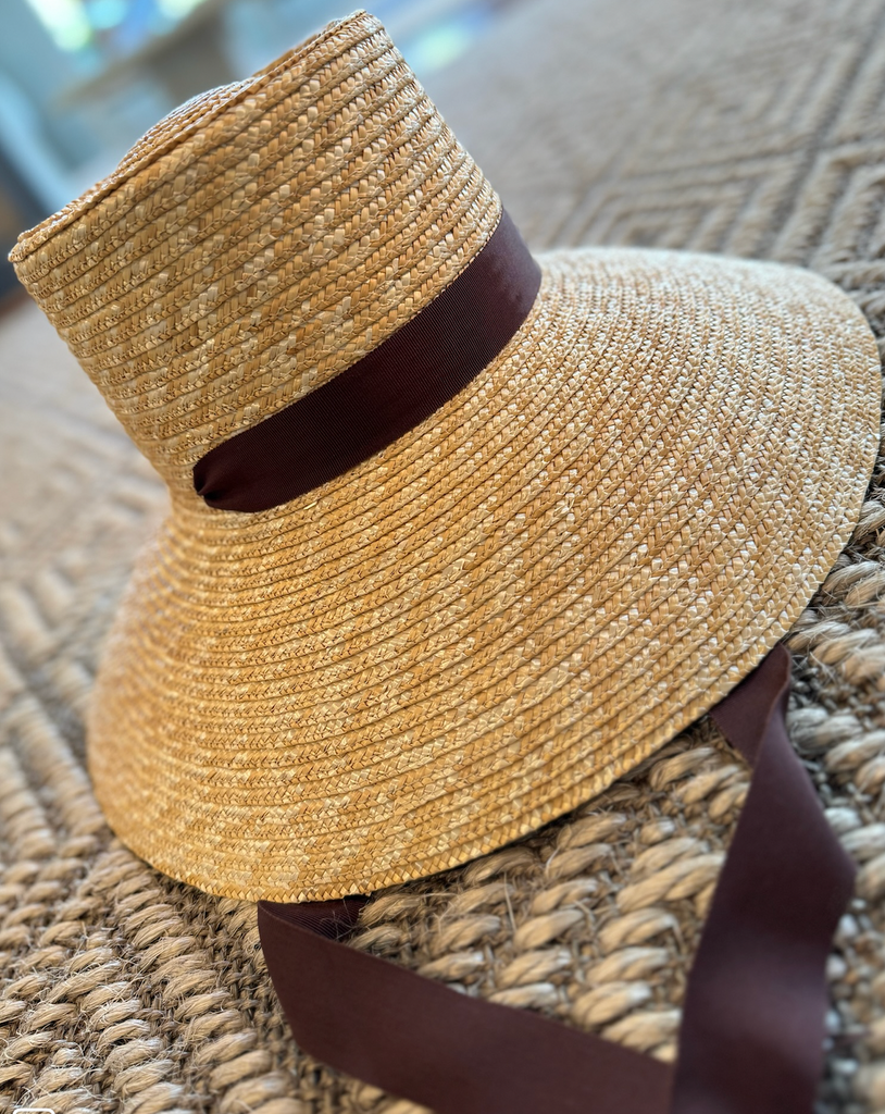 Straw Bucket hat with brown ribbon