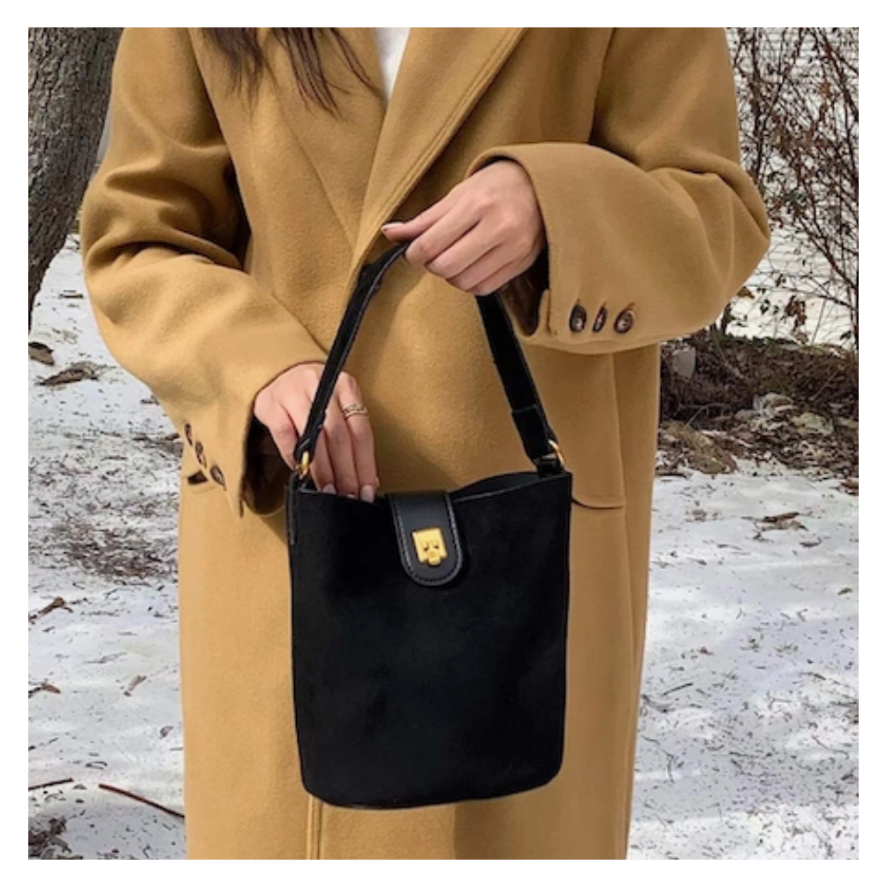 Coffee Suede-Like Top Handle Crossbody Bag