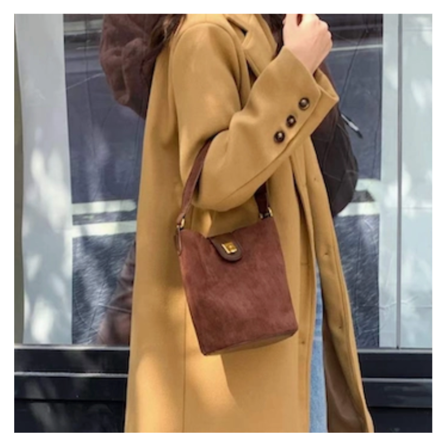 Coffee Suede-Like Top Handle Crossbody Bag