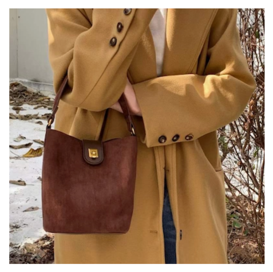 Coffee Suede-Like Top Handle Crossbody Bag