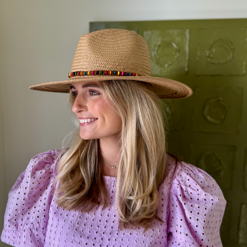 Tan Paper Straw Hat with Beaded Detail