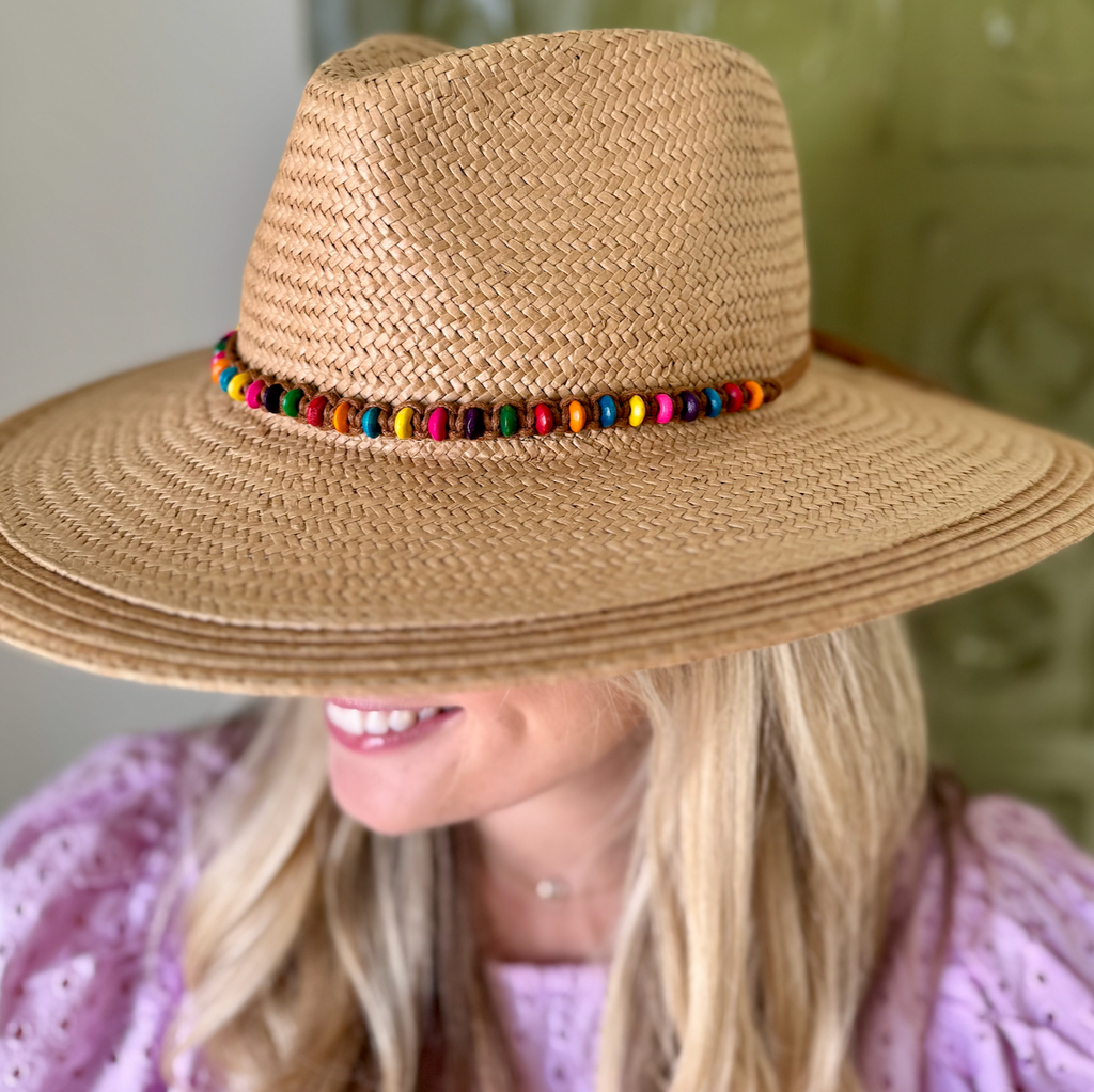 Tan Paper Straw Hat with Beaded Detail