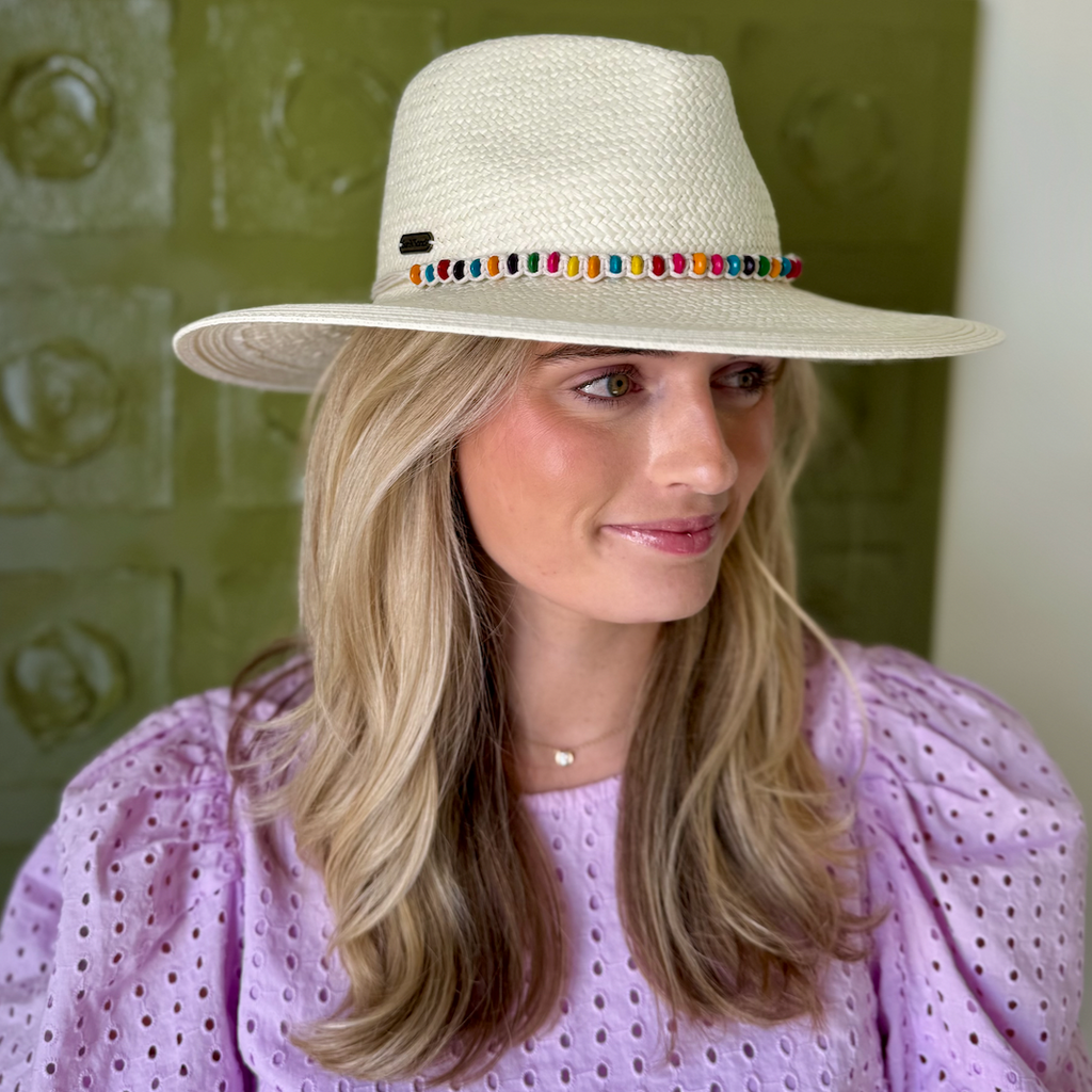 Ivory Paper Straw Hat with Beaded Detail