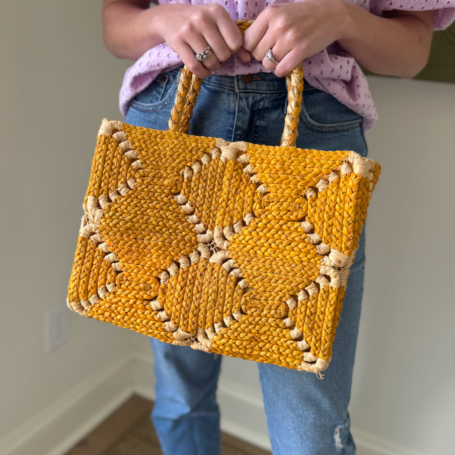 Gemma Crochet Disc Rectangle Straw Basket Handbag