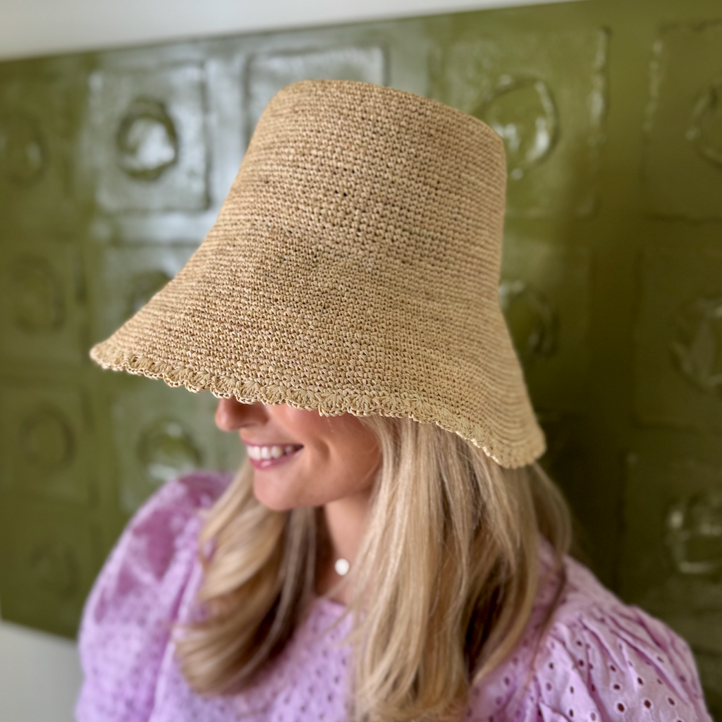 Crochet Bucket Straw Hats W/ Colored Lace Weave Edge (More colors!)