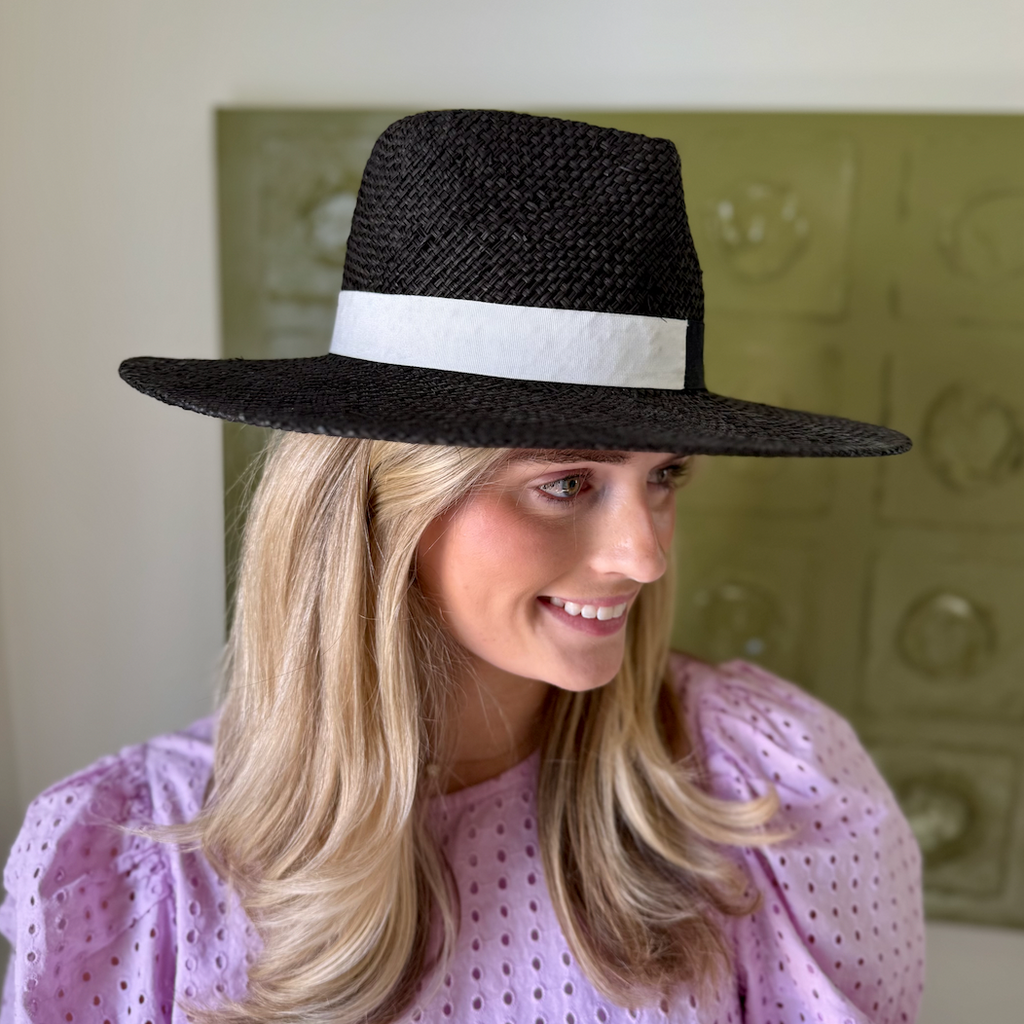 Black Straw Hat with Black + White Band