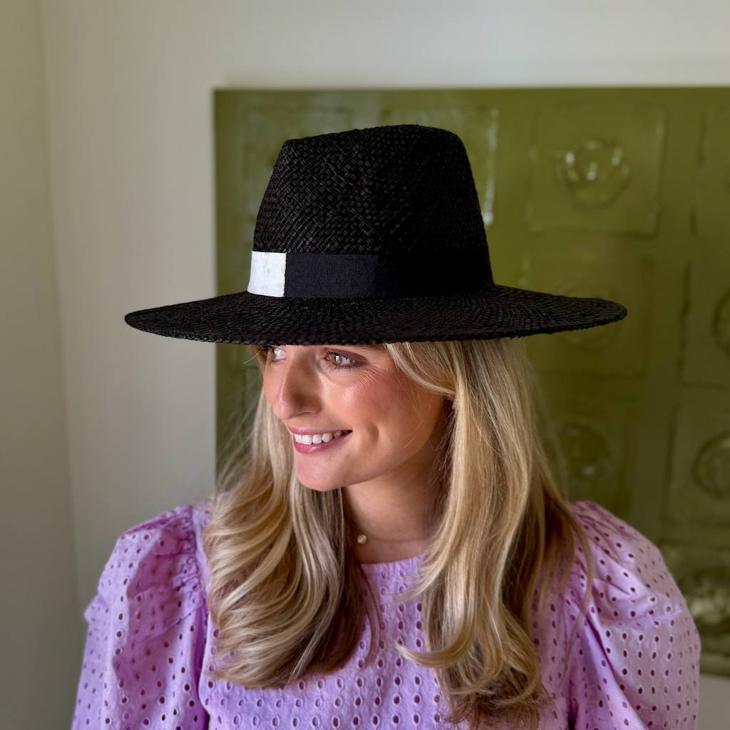 Black Straw Hat with Black + White Band