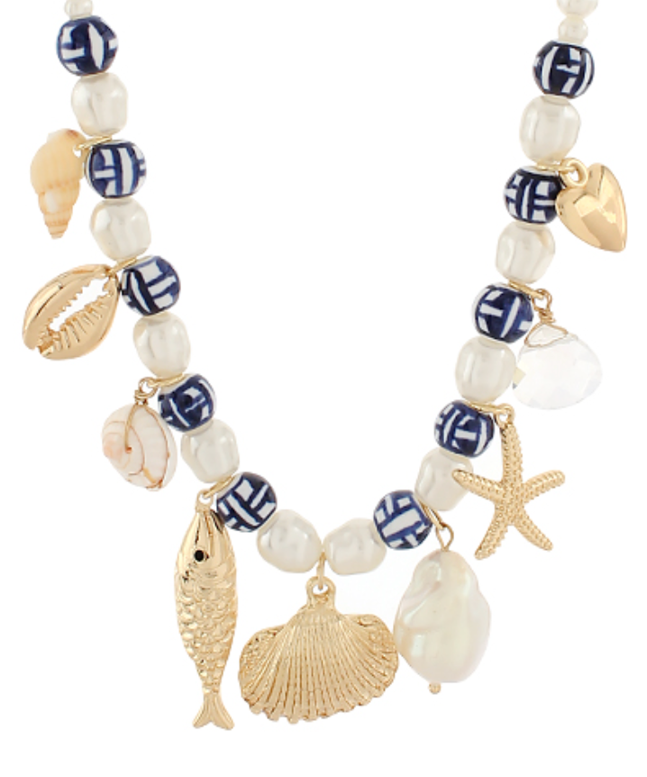 Sealife Multi Charm Pearl & Ceramic Necklace