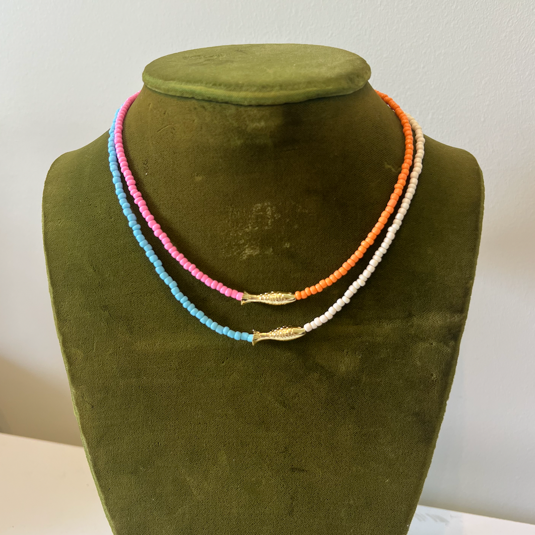 Orange & Pink Beaded Fish Two Tone Necklace