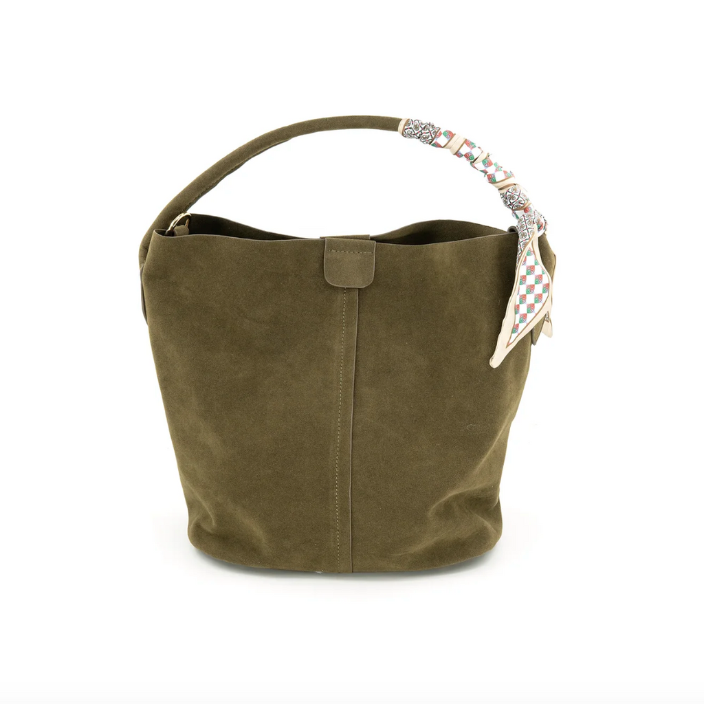 Olive Faux Suede Bag with Scarf