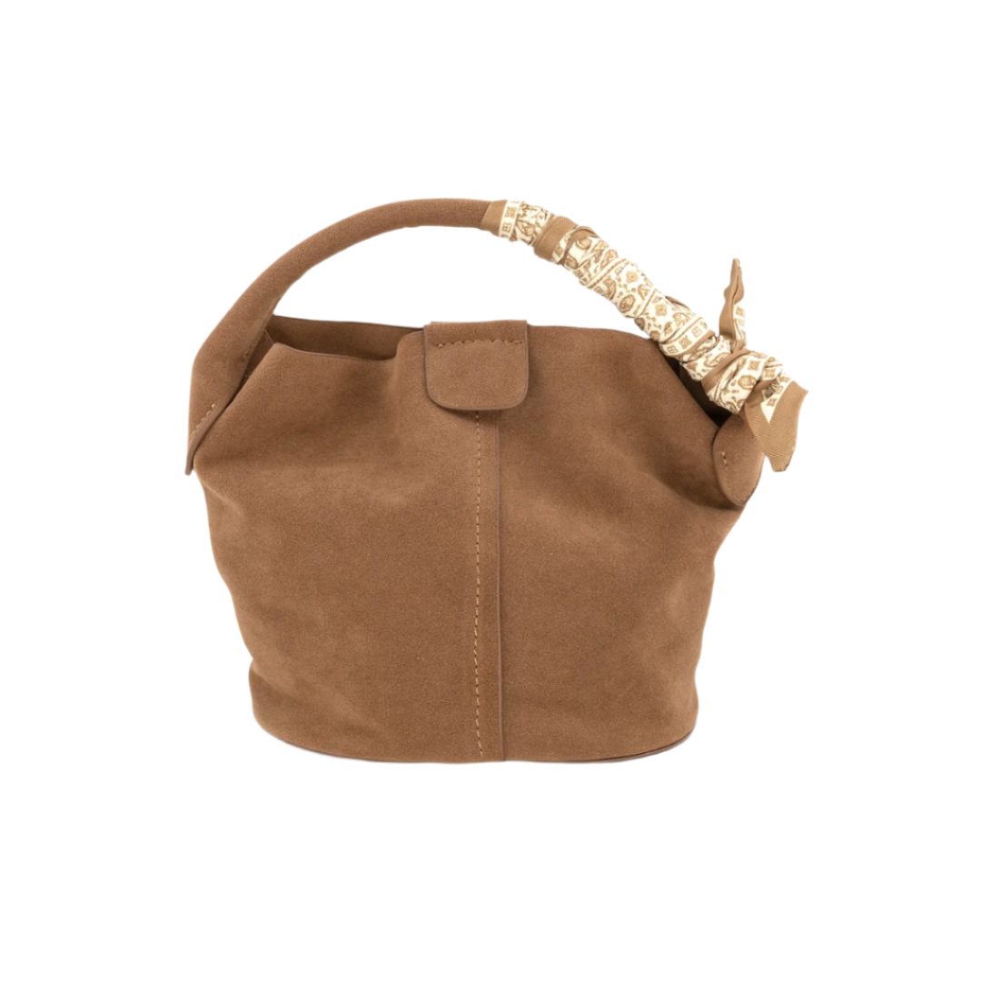 Mini Tan Faux Suede Bag with Scarf