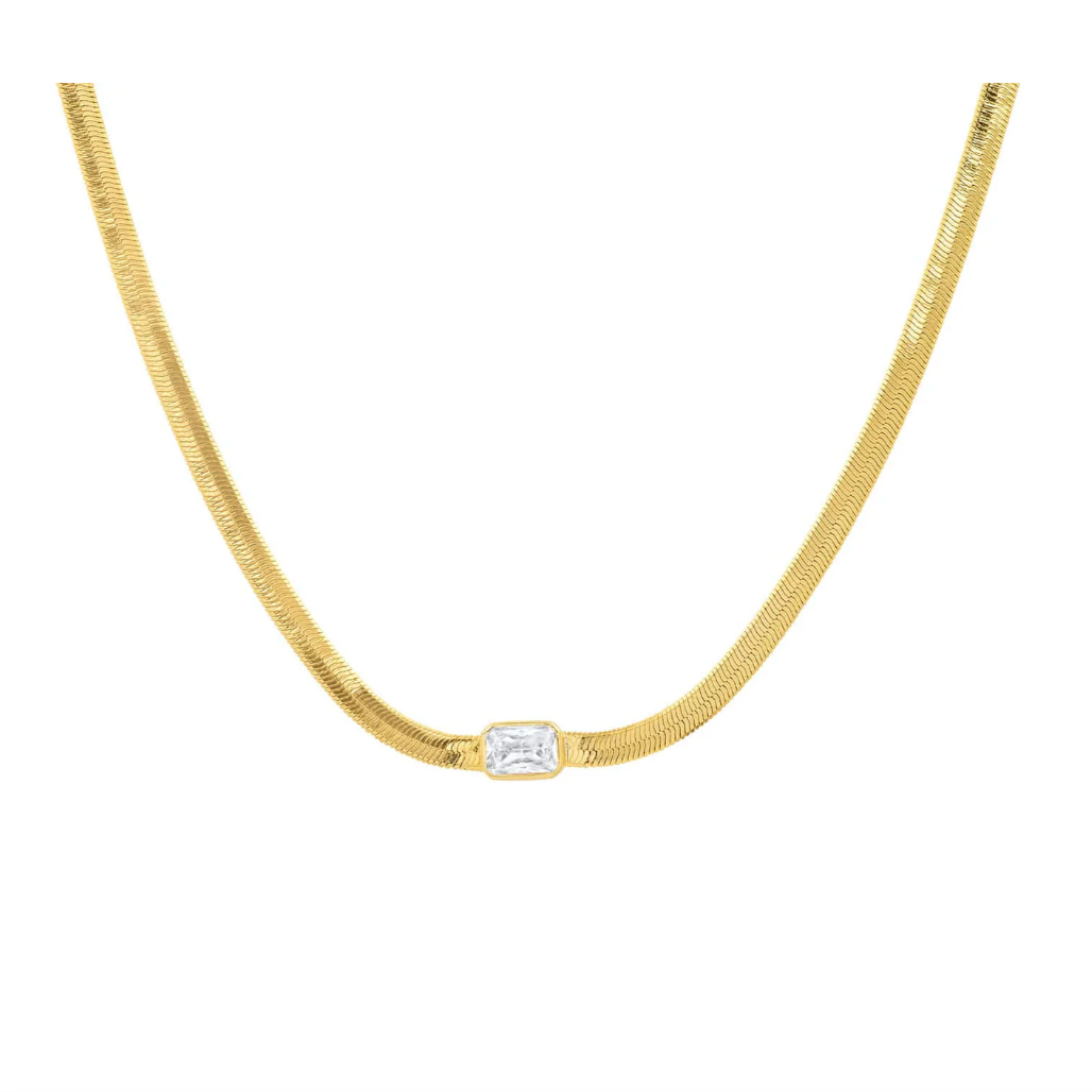 Gold Herringbone Necklace with Jewel Center (Clear & Emerald)
