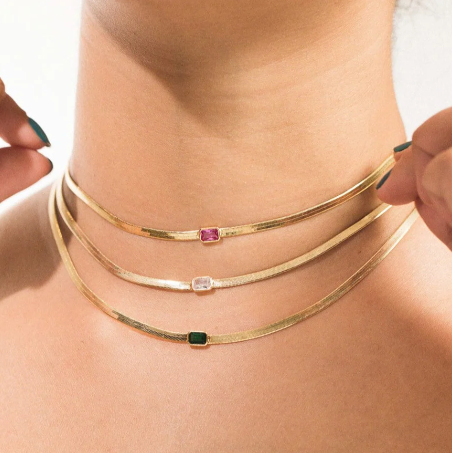 Gold Herringbone Necklace with Jewel Center (Clear & Emerald)