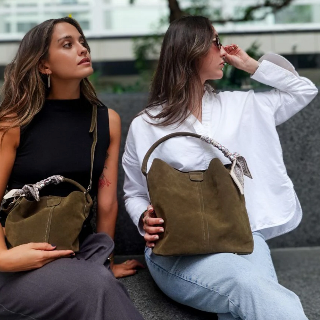 Olive Faux Suede Bag with Scarf