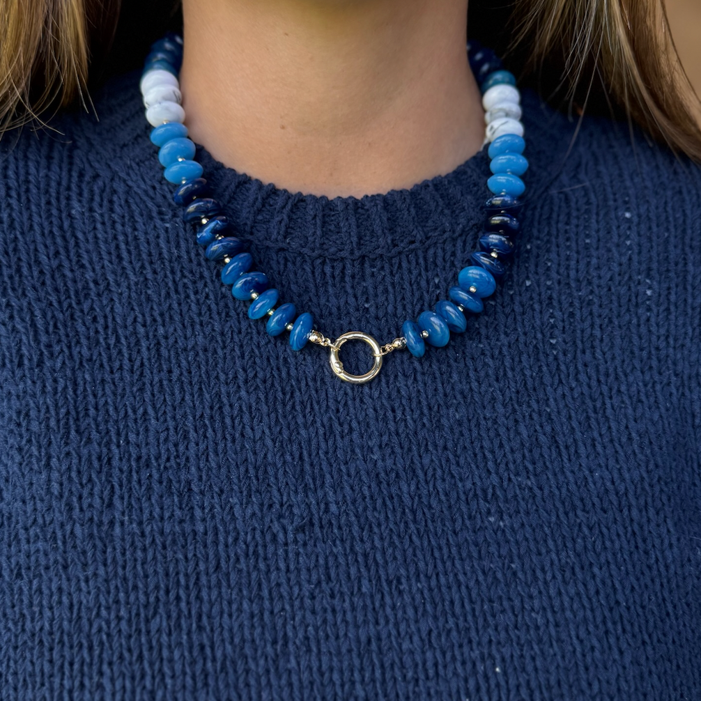 Chunky Resin Disc Beaded Necklace (Blue)