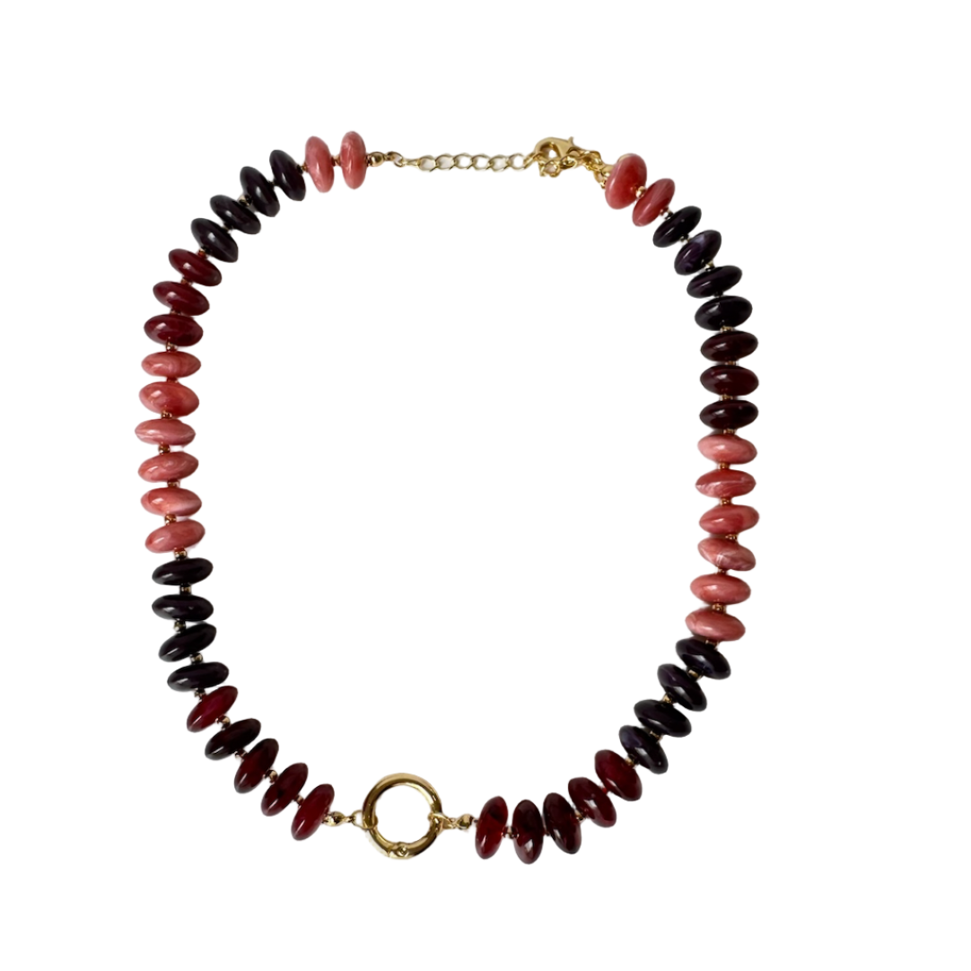 Chunky Resin Disc Beaded Necklace (Red/Pink)