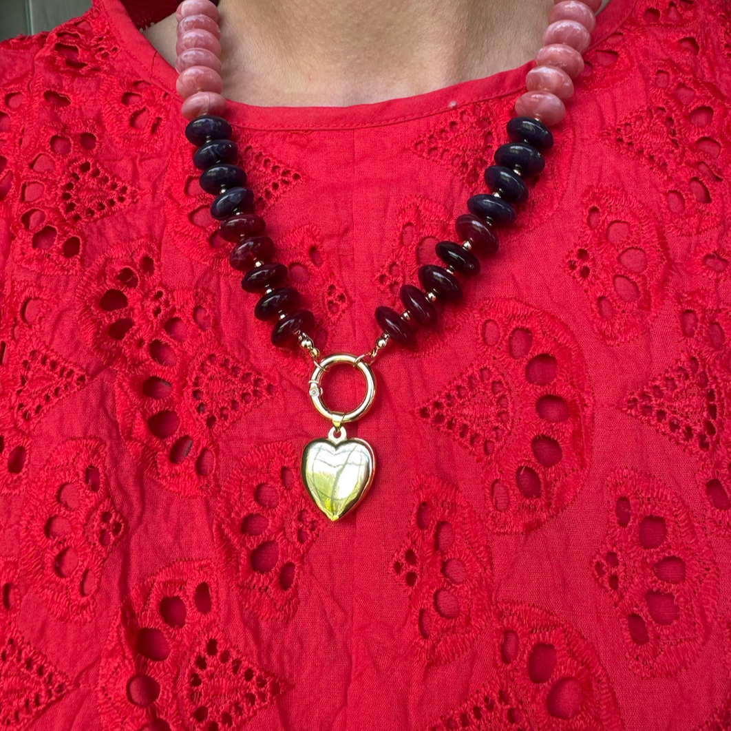 Chunky Resin Disc Beaded Necklace (Red/Pink)