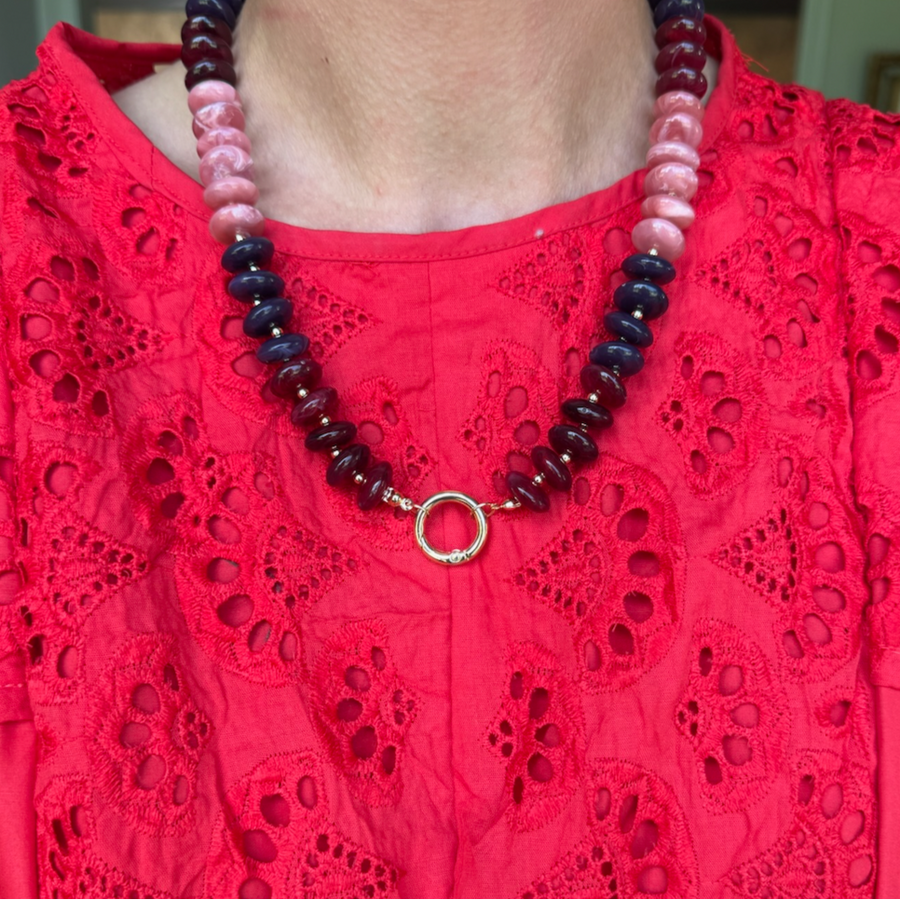 Chunky Resin Disc Beaded Necklace (Red/Pink)