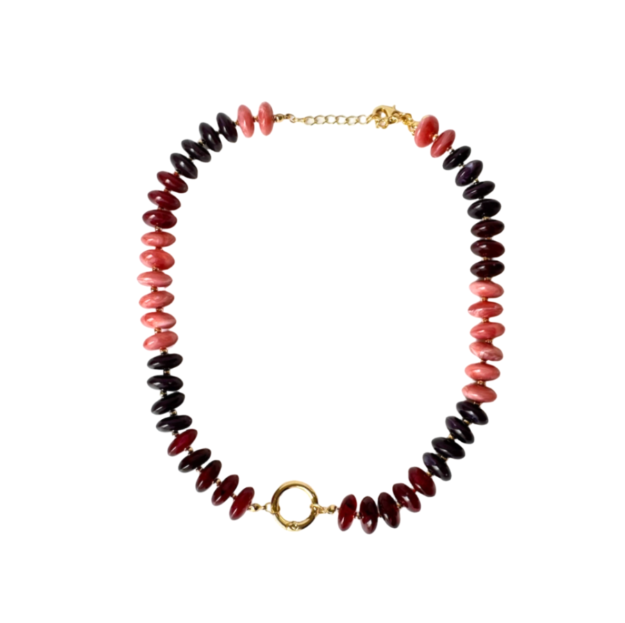 Chunky Resin Disc Beaded Necklace (Red/Pink)