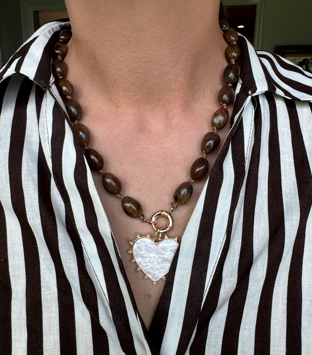 Pearl Heart Pendant Marbled Resin Oval Beaded Necklace