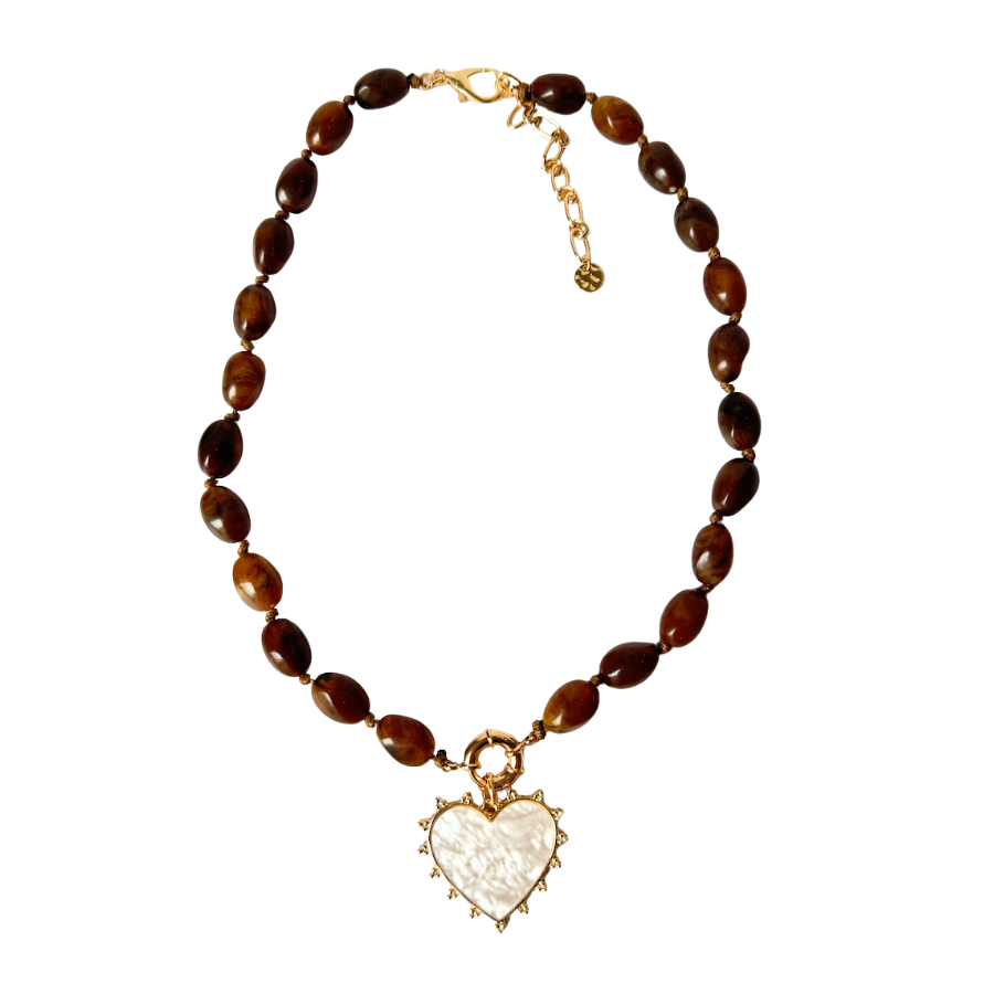 Pearl Heart Pendant Marbled Resin Oval Beaded Necklace