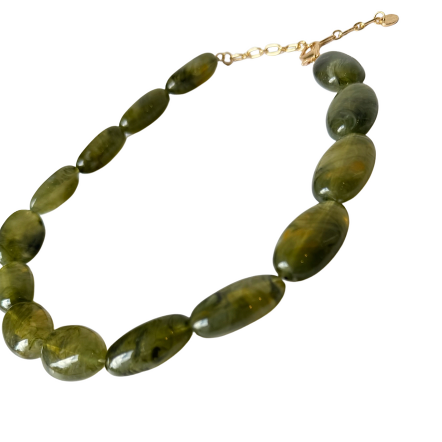 Chunky Marbled Resin Pebble Necklace (Olive)