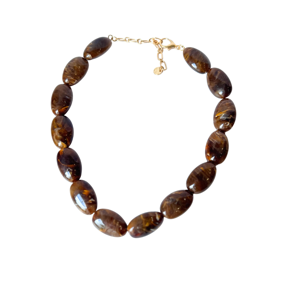 Chunky Marbled Resin Pebble Necklace (Brown)