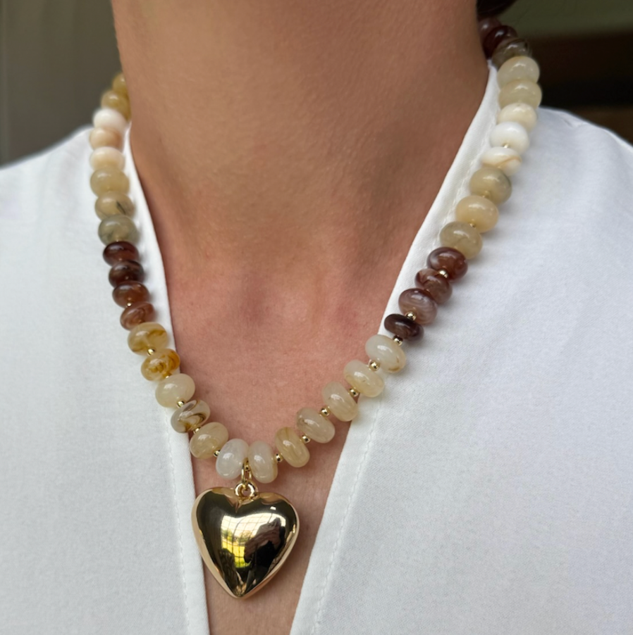 18K Gold Dipped Puffy Heart Pendant Beaded Necklace