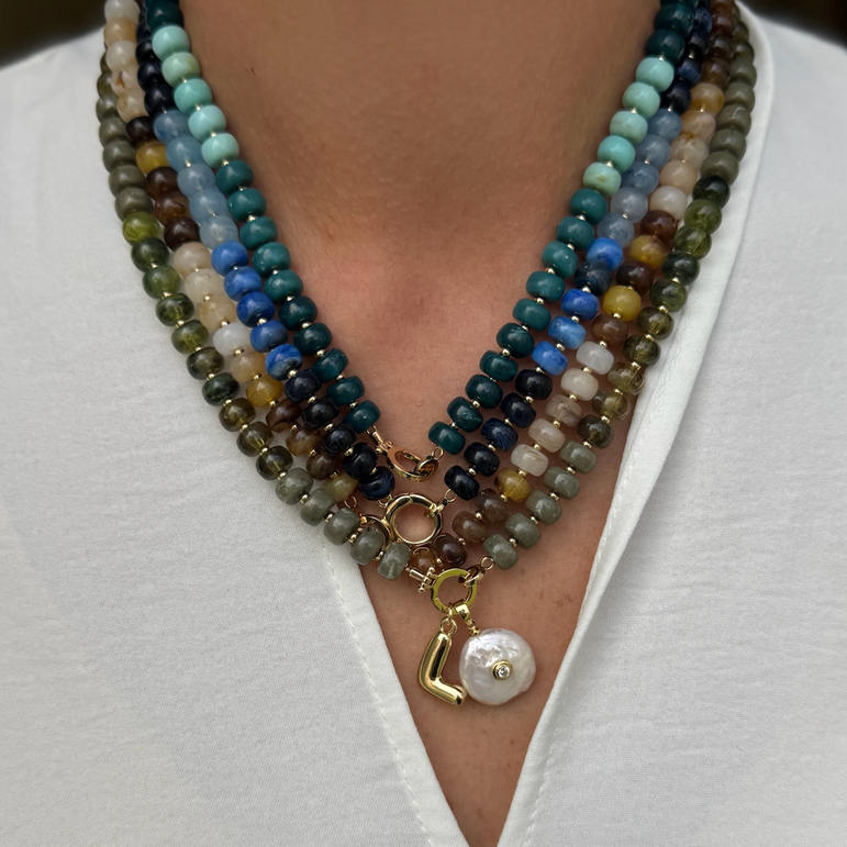 Navy Marble Bead & Ring Clasp Necklace