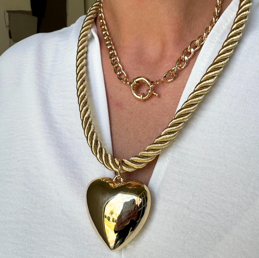 Bold Puffed Heart Cord Necklace (gold)
