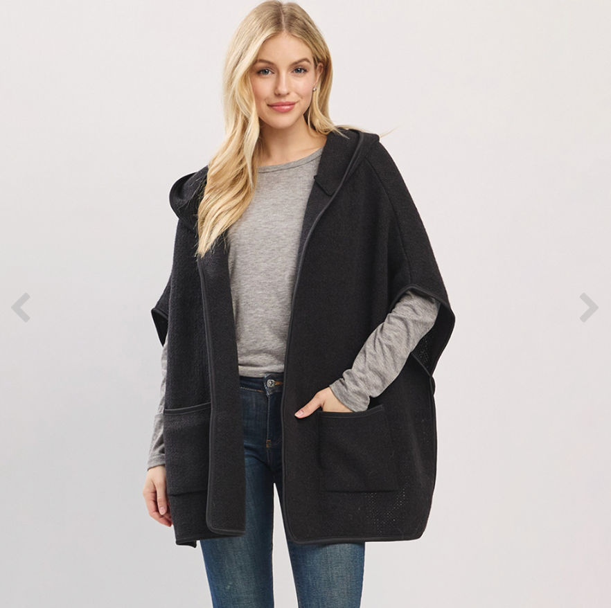 Solid Hooded Poncho Wrap with Pockets