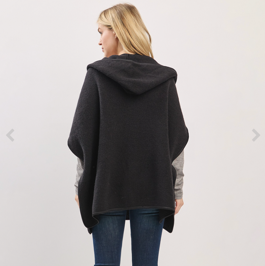 Solid Hooded Poncho Wrap with Pockets