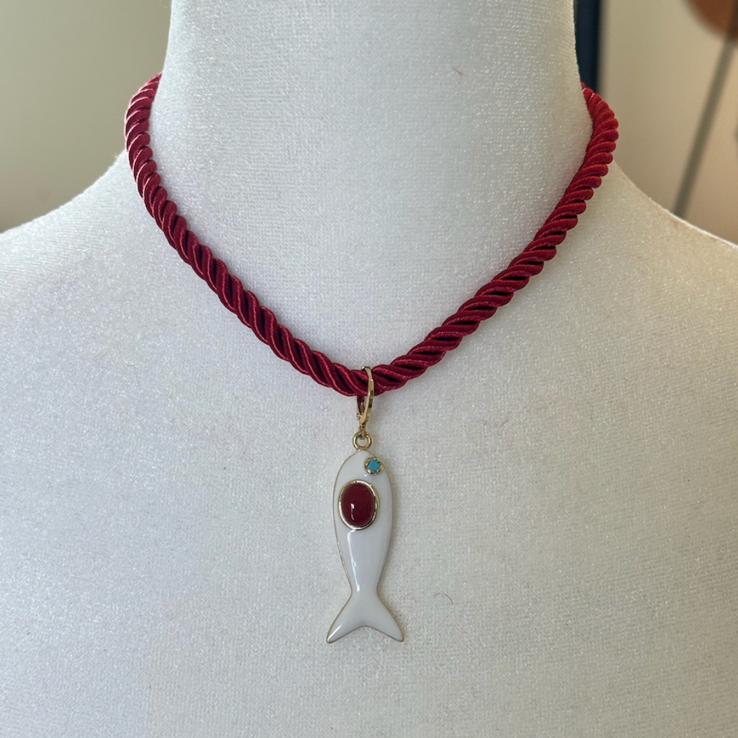 White Fish Pendant Rope Choker Necklace - Bijou Exclusive