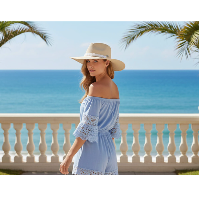 Adjustable Sunhat with White Beaded Band in Natural