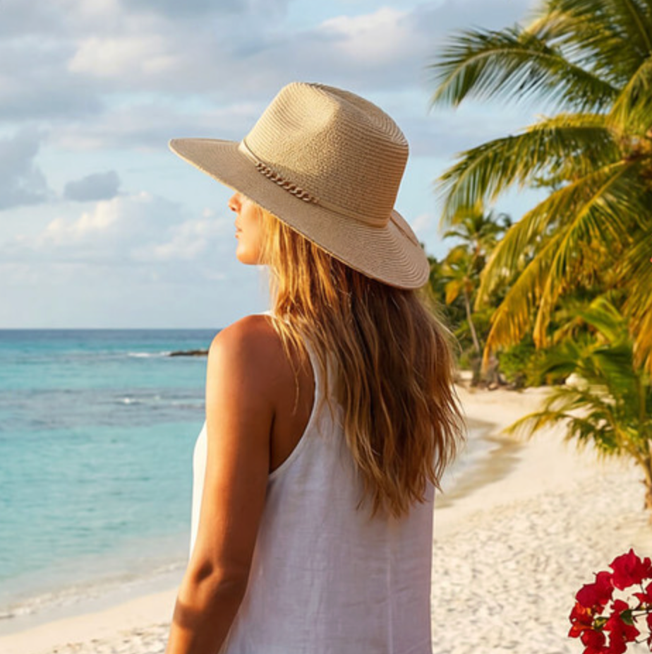 Beige Paper Braid Sunhat with Gold Band