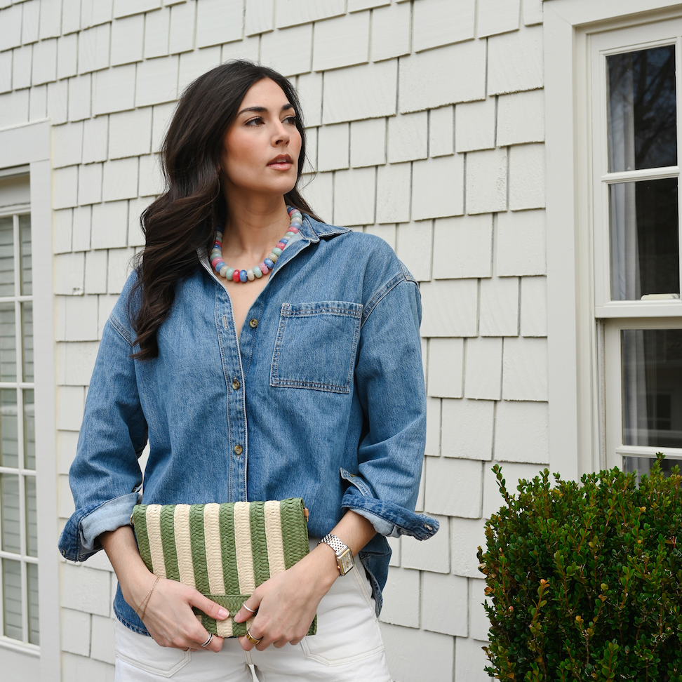 Green/Ivory Striped Woven Foldover Wristlet Clutch Crossbody Bag