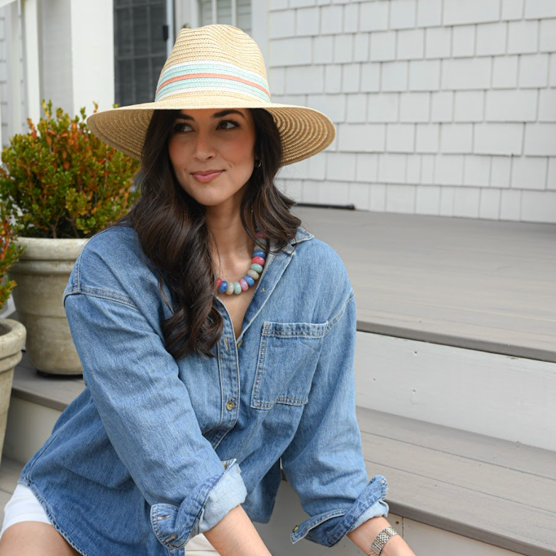 Beige Straw Sunhat with Blue/Orange Accents