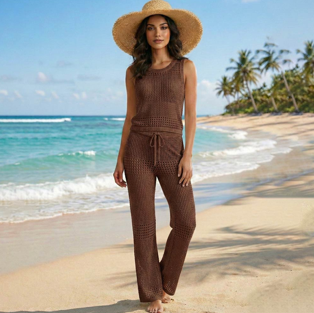 Breezy Crochet Beach Set - Chocolate Brown