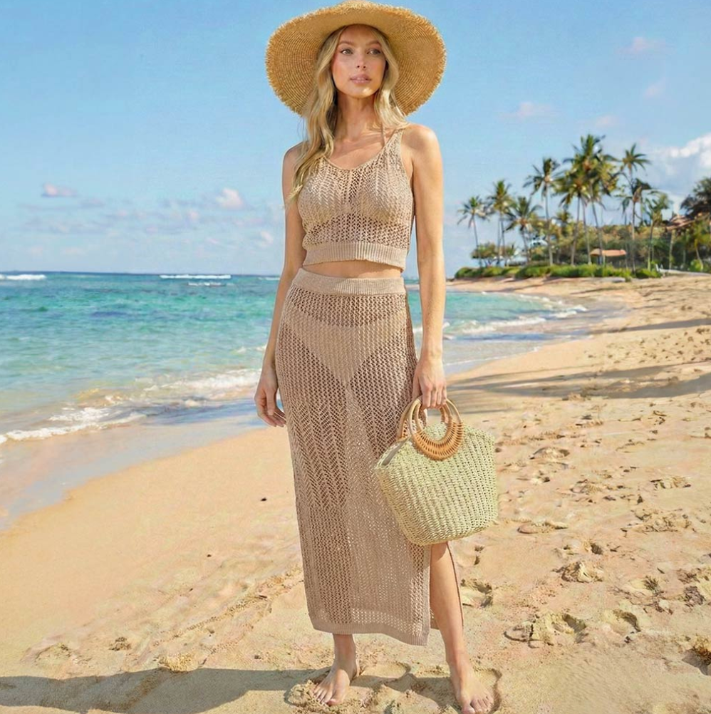 Crochet Beach Cover Up Top And Skirt Set - Taupe