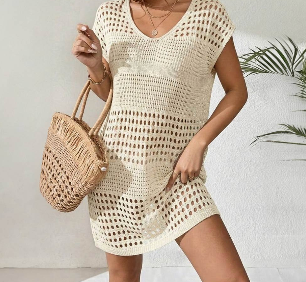 Boho Crochet Beach Cover Up Poncho - Cream