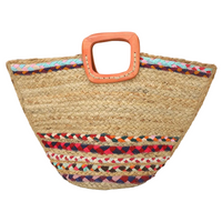 Boho Tribal Pattern Wooden Handle Straw Tote Bag