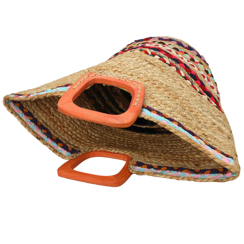 Boho Tribal Pattern Wooden Handle Straw Tote Bag