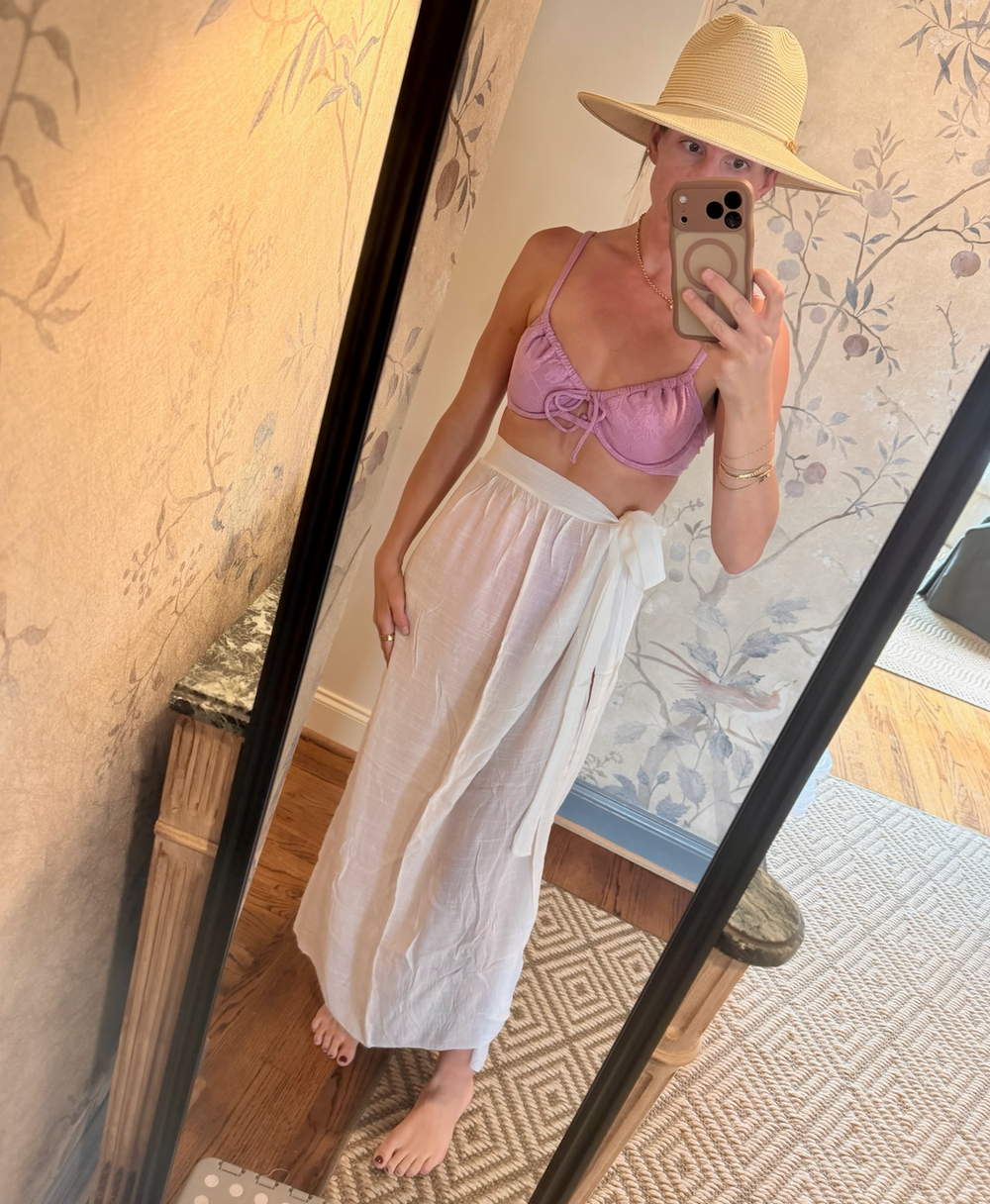 Tie Front Long Sleeves Crop Top Maxi Skirt Two Piece Beach Set (White)