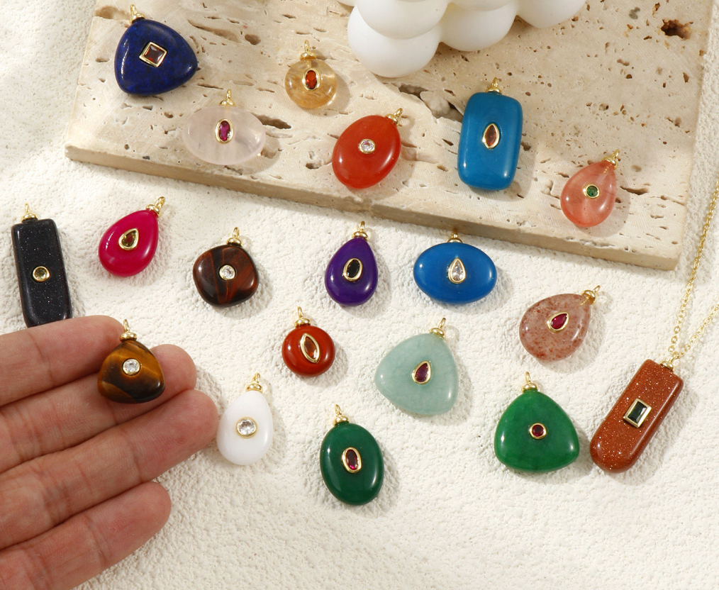 Gemstone & Brass Geometric Pendants