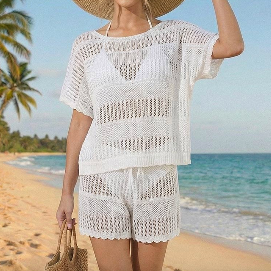 Scalloped Crochet Top and Bottom Set - WHITE