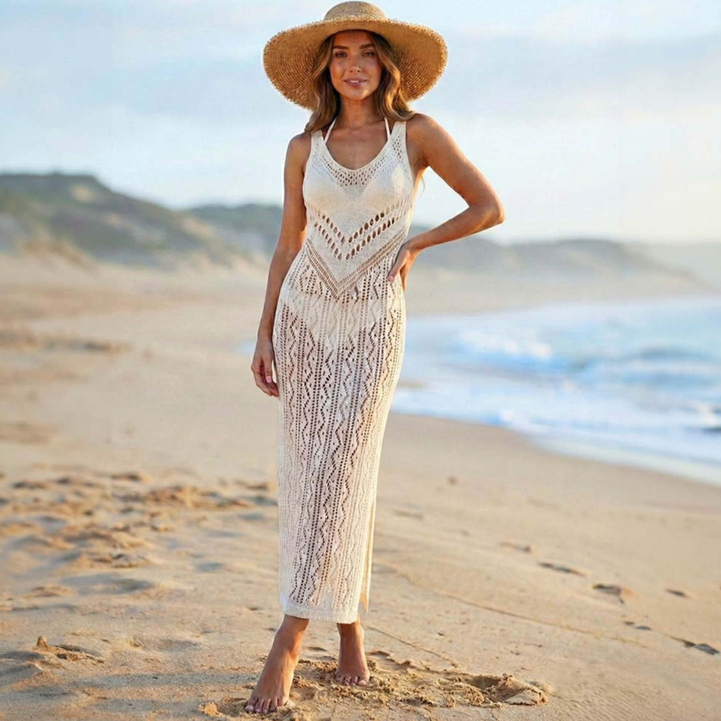 Chevron Crochet Cover Up Maxi Beach Dress - Ivory