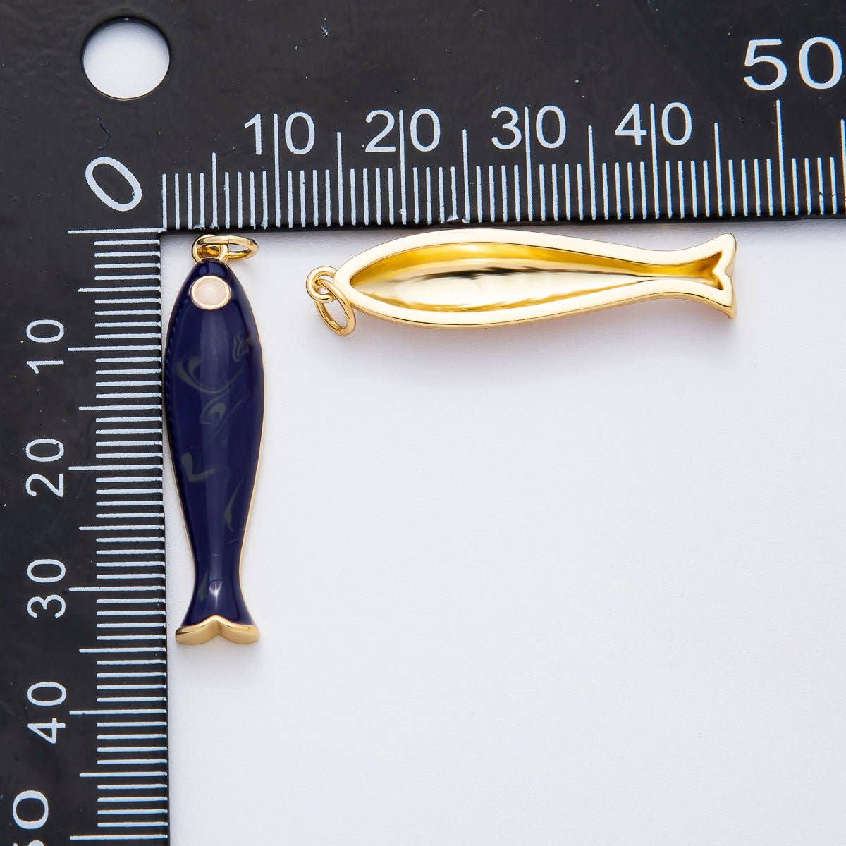 18K Gold Filled 38mm Blue, Champagne Enamel Fish Sardine Charm