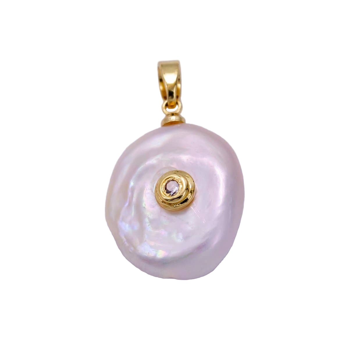 14K Gold Filled 25mm Blue, Clear CZ Keshi Freshwater Pearl Pendant
